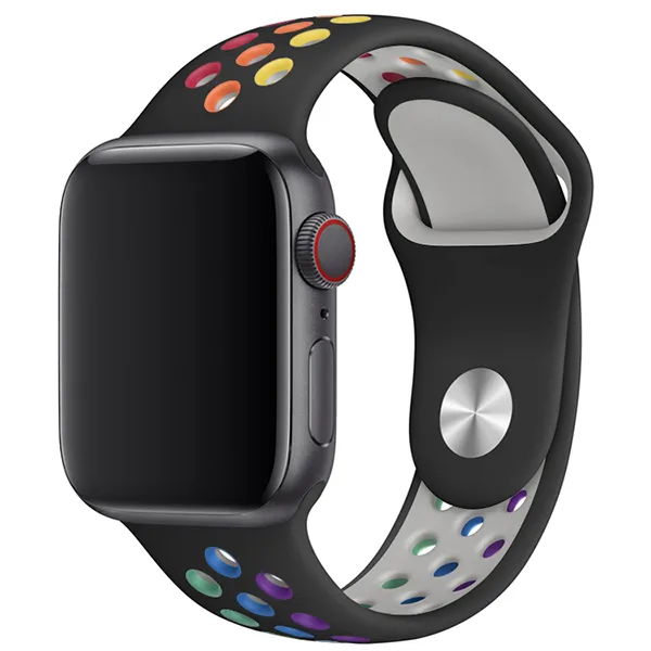 Apple Watch Sport Band Perforated Silikon Strap (40mm / 44 mm, Černá / Duha)