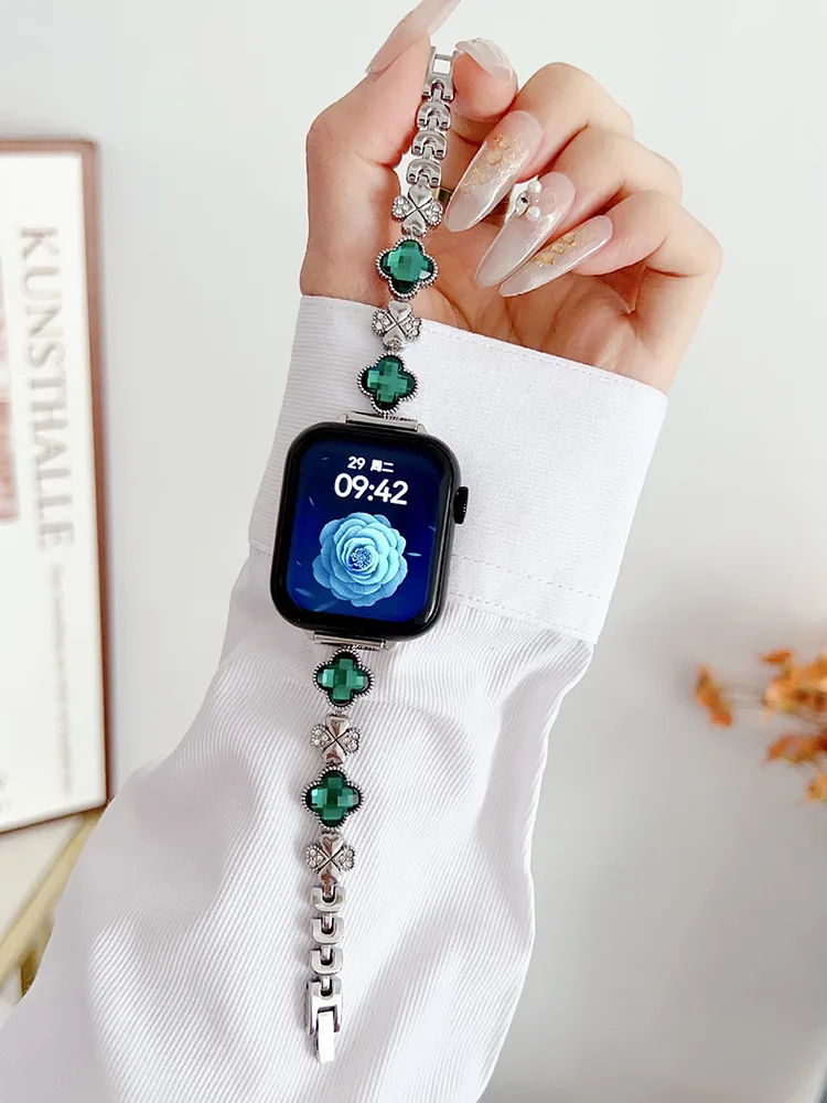 Rhinestone and Zircon Four-leaf Clover Stainless Steel Band - Imagen 5
