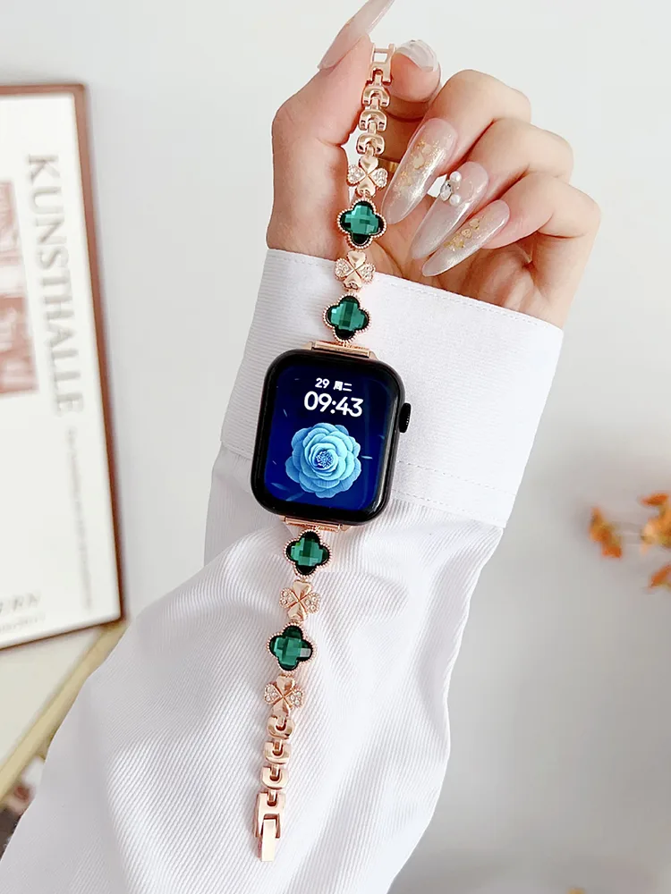Rhinestone and Zircon Four-leaf Clover Stainless Steel Band - Imagen 6