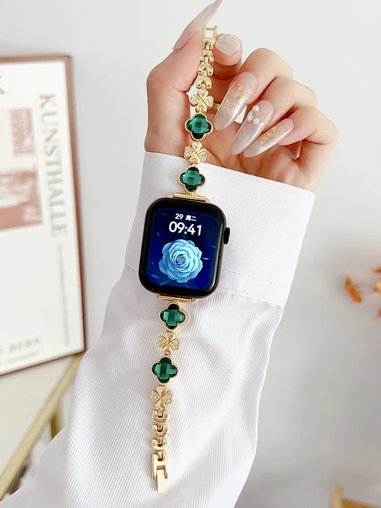 Rhinestone and Zircon Four-leaf Clover Stainless Steel Band - Imagen 4