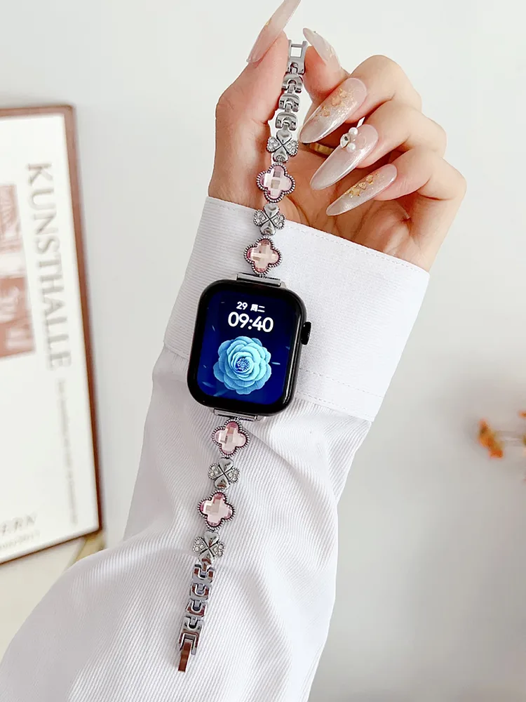 Rhinestone and Zircon Four-leaf Clover Stainless Steel Band - Imagen 9