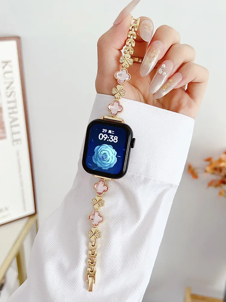 Rhinestone and Zircon Four-leaf Clover Stainless Steel Band - Imagen 8