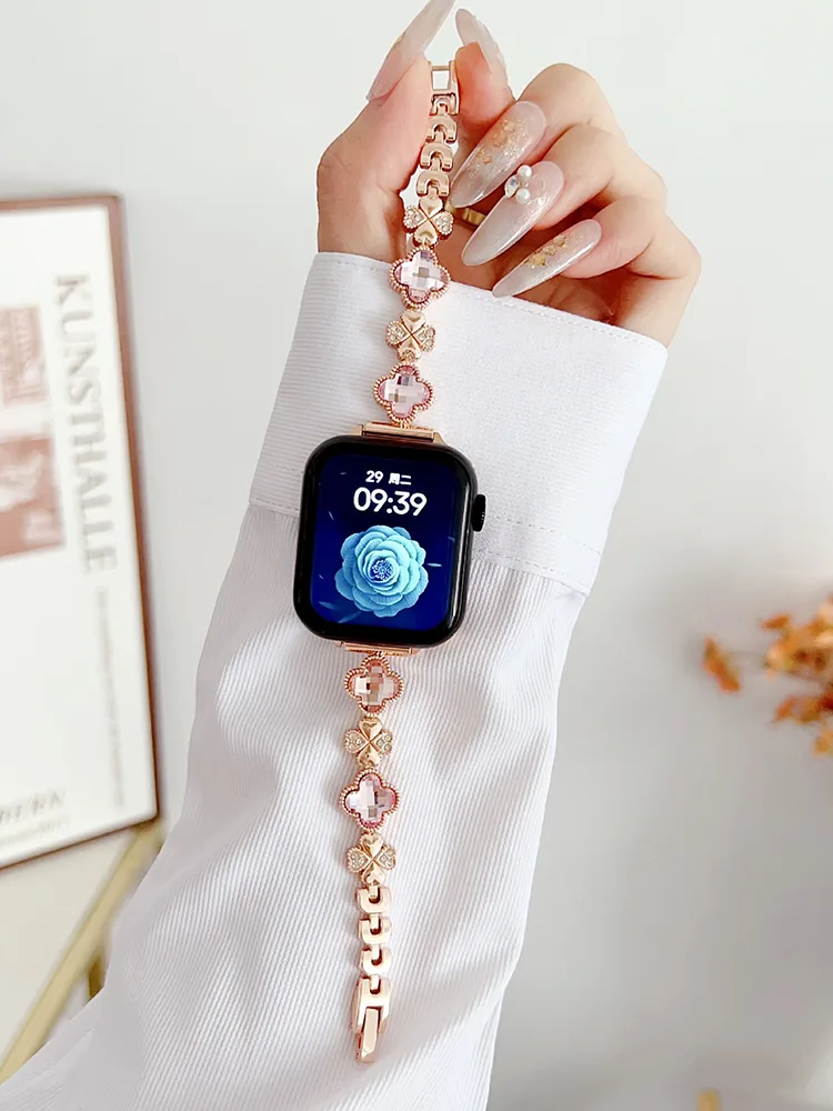 Rhinestone and Zircon Four-leaf Clover Stainless Steel Band - Imagen 10