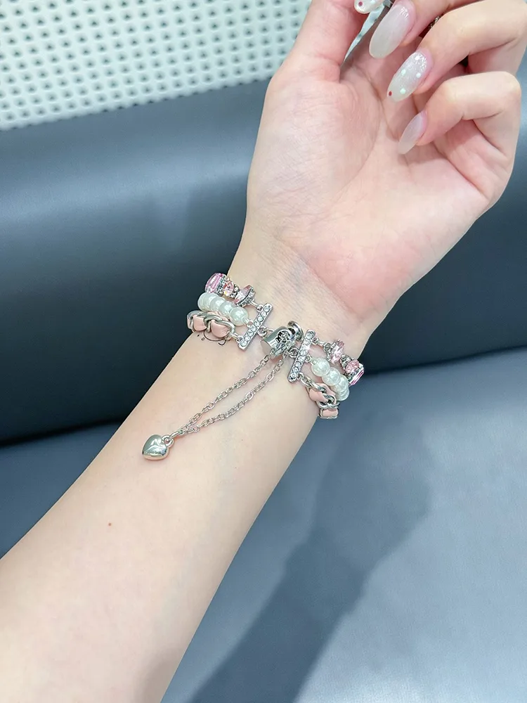 Three Chain Pearls with Leather Chain and Zircon Stainless Steel Band - Image 3