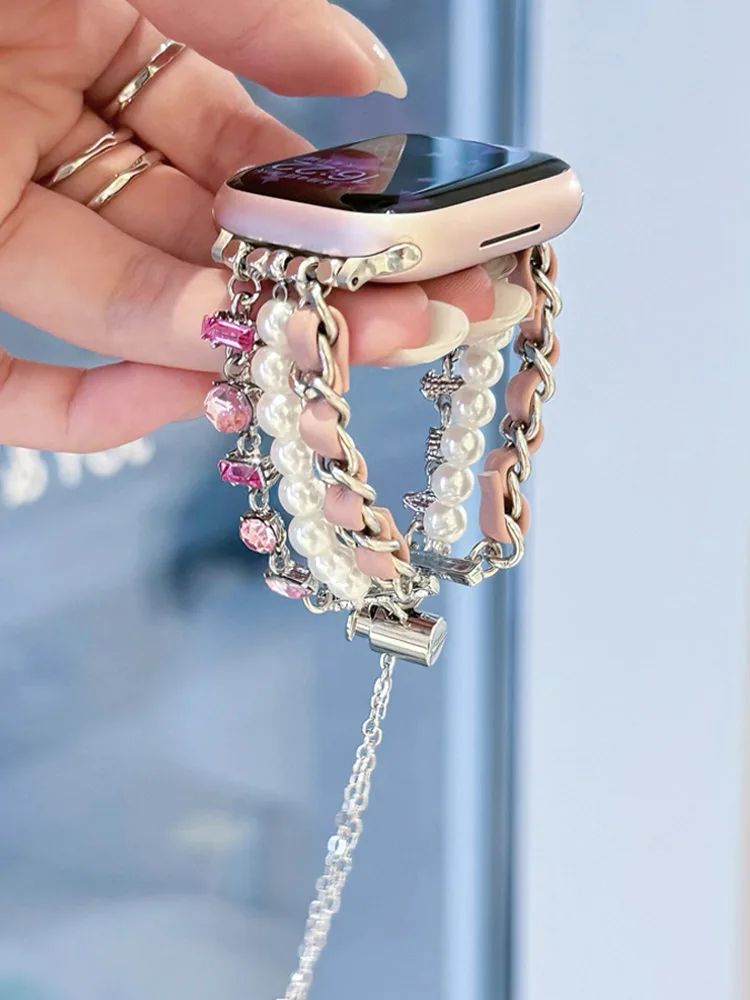 Three Chain Pearls with Leather Chain and Zircon Stainless Steel Band - Image 2