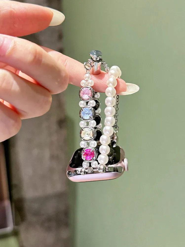 Double Chain Pearls with Colored Zircon Stainless Steel Band - תְמוּנָה 2