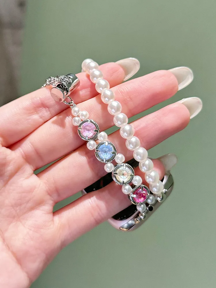 Double Chain Pearls with Colored Zircon Stainless Steel Band - תְמוּנָה 4