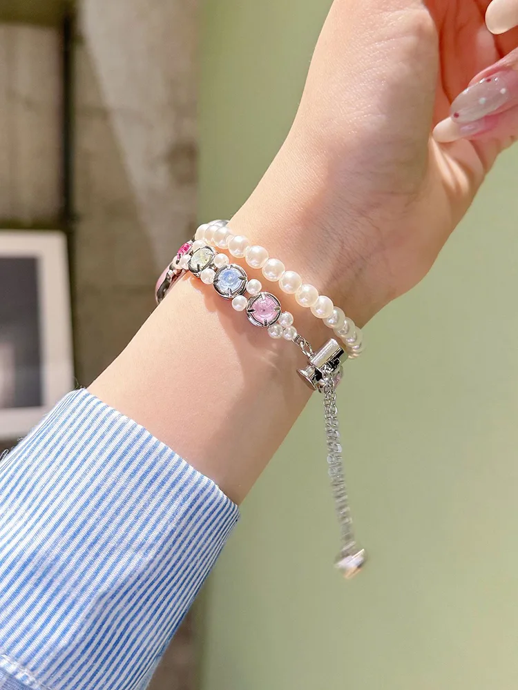 Double Chain Pearls with Colored Zircon Stainless Steel Band - תְמוּנָה 3