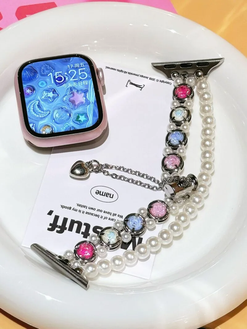 Double Chain Pearls with Colored Zircon Stainless Steel Band - תְמוּנָה 5