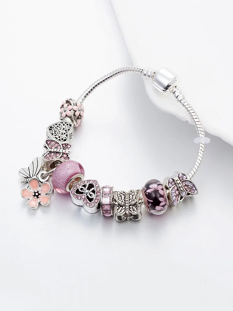 Pink Butterfly Pendant Crystal Beaded Band - Image 3