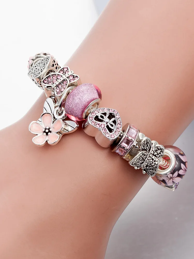 Pink Butterfly Pendant Crystal Beaded Band - Image 2