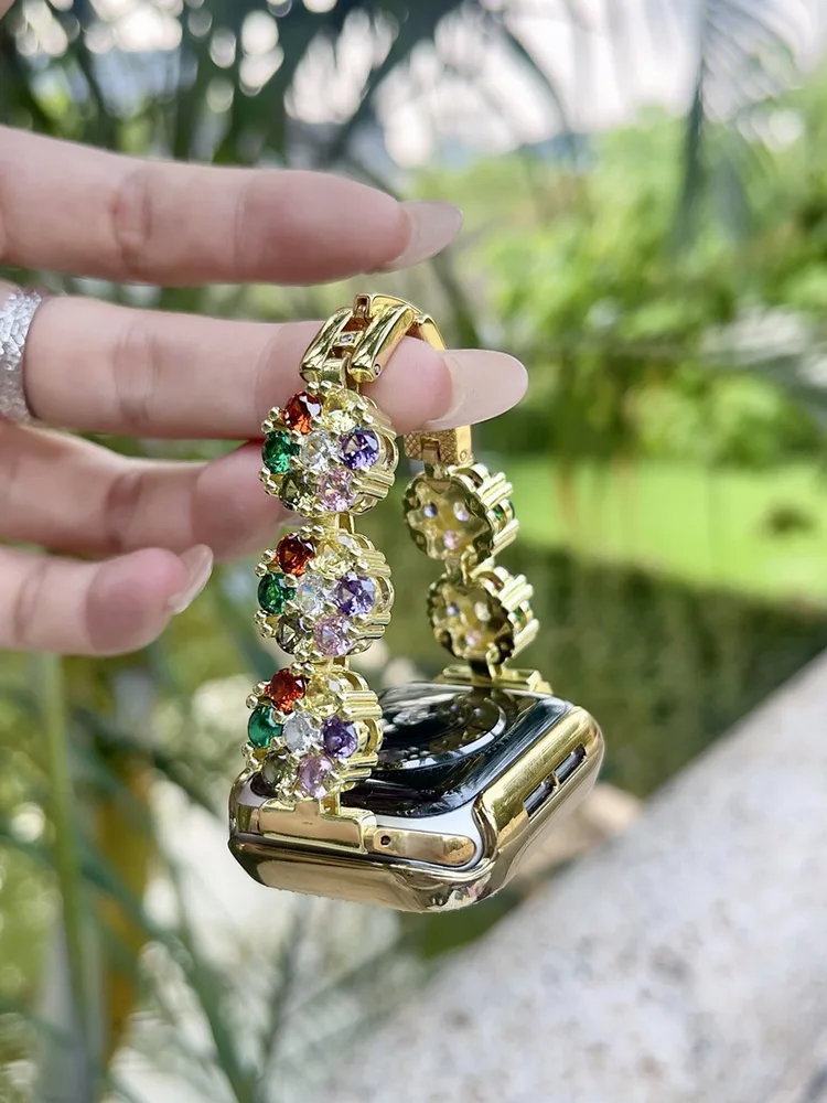 Cinturino in acciaio inossidabile con zirconi colorati e fiori di prugna - Immagine 3